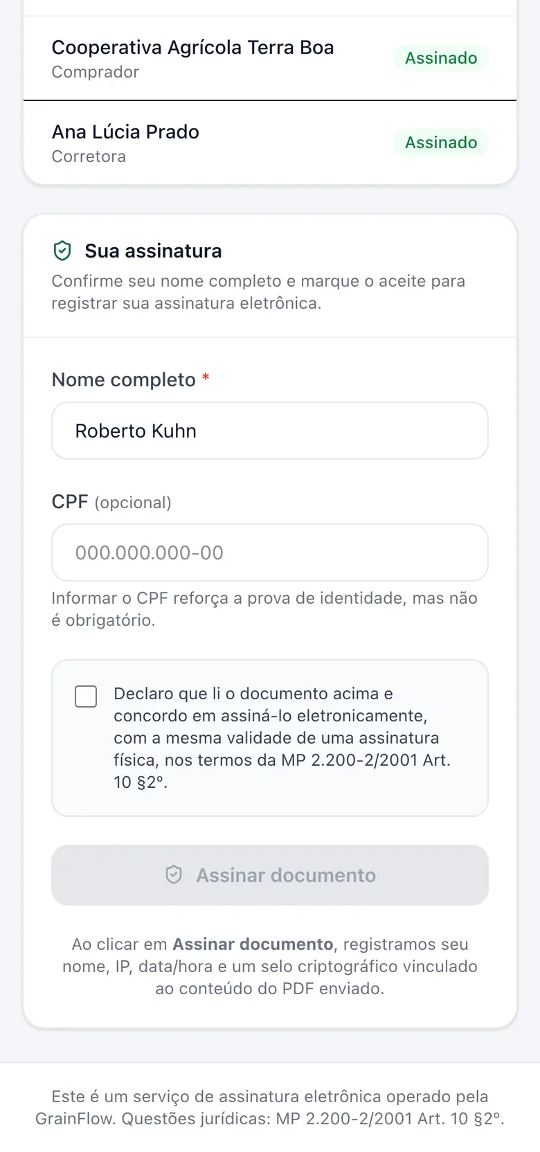 Tela de assinatura no celular, com nome, aceite e o botão Assinar documento