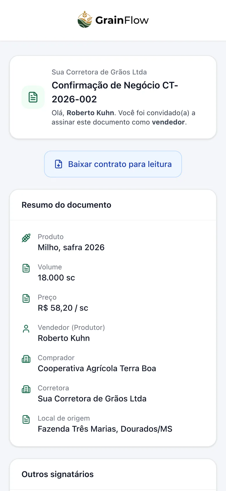 Celular do produtor com a Confirmação de negócio pronta para assinar